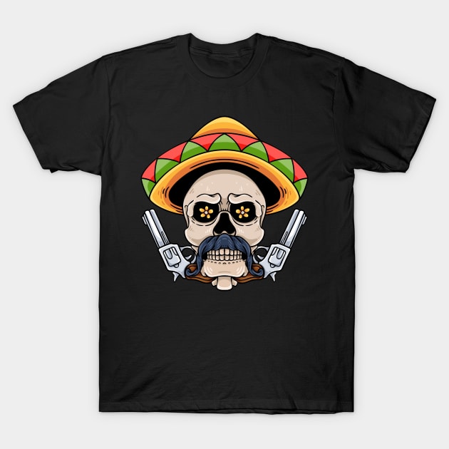 Mexican Skull With Sombrero And Revolver T-Shirt by andhiika